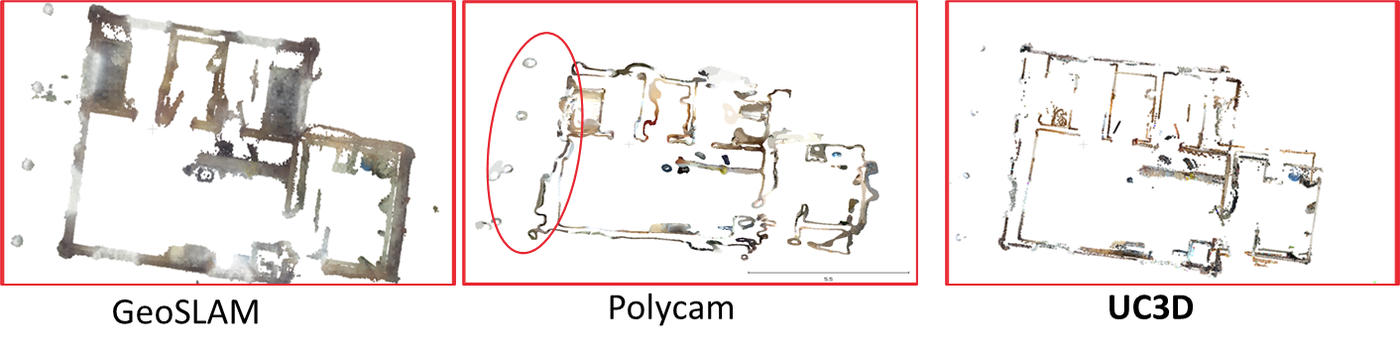 UC3D point cloud compared against GeoSLAM and Polycam reconstructions.